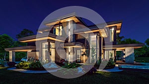 3d rendering of modern two story house with gray and wood accents in night