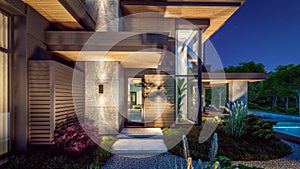 3d rendering of modern two story house with gray and wood accents in night