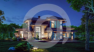 3d rendering of modern two story house with gray and wood accents in night