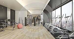 3d rendering modern wood and black decor gym and fitness with nice view