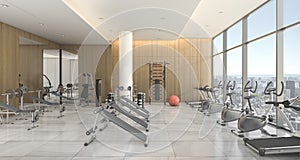 3d rendering modern wood gym and training room with city view