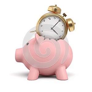 3d rendering of a money box in the shape of a pig with its back split open and a vintage golden alarm clock sitting in
