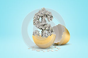 3d rendering of money dollar hatched from golden egg on light blue background