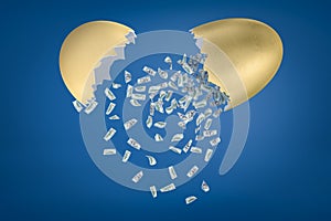 3d rendering of money dollars falling out of broken golden egg on blue background