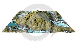 3D rendering of the mountain surrounded by the streams.