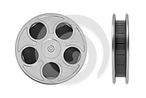 3d rendering of movie reel with a lot of film taped tightly inside of it in a front and side view on a white background.