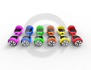 3D rendering of multiple bright colored hoverboards