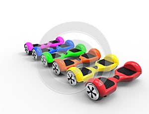 3D rendering of multiple bright colored hoverboards