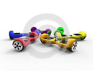 3D rendering of multiple bright colored hoverboards