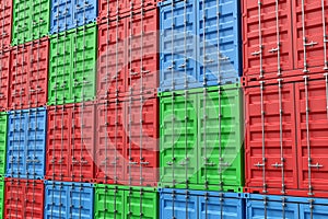 3d rendering of multiple red, blue and green closed shipping containers stacked on one another.