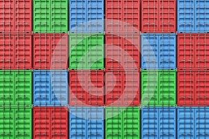 3d rendering of multiple red, blue and green closed shipping containers stacked on one another.