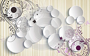 3d rendering mural wallpaper abstract with flowers ornament and white circles decoration