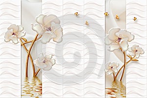 3d rendering mural wallpaper marble abstract with golden flowers ornament and silver gold background