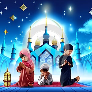 3d rendering of muslim kids praying in front of mosque background generative AI