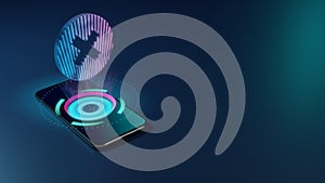 3D rendering neon holographic phone symbol of times circle icon on dark background