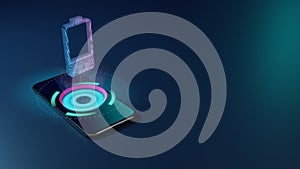 3D rendering neon holographic phone vertical symbol of one third charged battery  icon on dark background