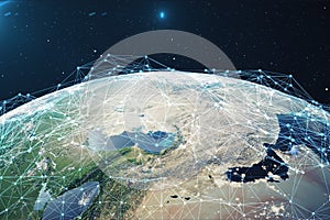 3D rendering Network and data exchange over planet earth in space. Connection lines Around Earth Globe. Global