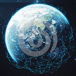 3D rendering Network and data exchange over planet earth in space. Connection lines Around Earth Globe. Global