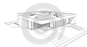 3d rendering of new concrete house in modern style black line on white background