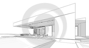 3d rendering of new concrete house in modern style black line on white background