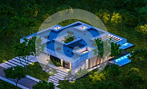 3d rendering of new concrete house in modern style in night