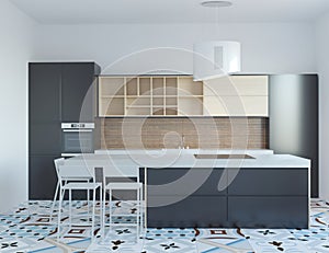 3d rendering of new modern black kitchen