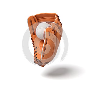 3d rendering of a new orange baseball mitt hanging on the white background with a white ball inside it.
