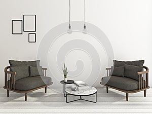 3d rendering nice armchair with book and cup and some hanging lamp in white background