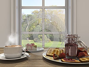 3d rendering nice coffee set and cake near the window with sun glare