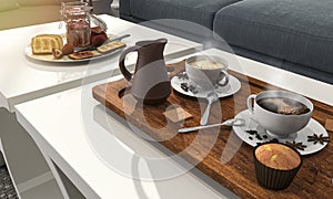 3d rendering nice coffee set and pastry for breakfast on the table with sun glare