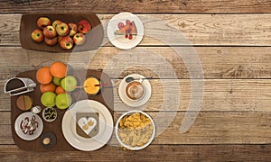 3d rendering nice colorful breakfast consist of bread and fruit and coffee and milk on wooden table