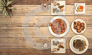 3d rendering nice meal with pizza on wooden table