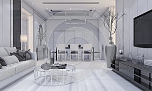 3d rendering nice modern design luxury living room and dining room with grey sofa and tv shelf and dining table