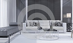 3d rendering nice modern and luxury living room with grey sofa and glass table