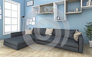 3d rendering nice sofa in small blue living room