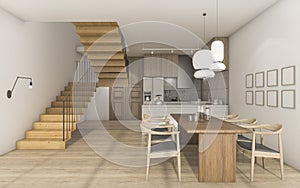 3d rendering nice wood style kitchen with dining table