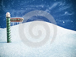 3D rendering of a north pole sign pointing to the place where you can find Santa. Snow in the air and icicles hanging from the