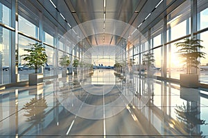 3D rendering of office background, modern business hall with light reflection on the floor, airport for background