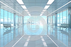 3D rendering of office background, modern business hall with light reflection on the floor, airport for background