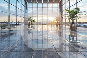 3D rendering of office background, modern business hall with light reflection on the floor, airport for background