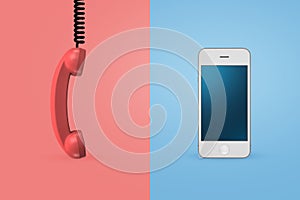 3d rendering of an old-fashioned telephone receiver on a pink background and of a modern mobile phone on a blue