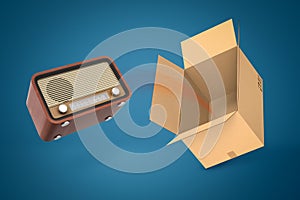 3d rendering of old radio set and empty cardboard box on blue background.