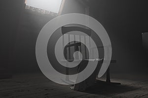 3d rendering of old rocking chair at dark attic with light ray. Concept age and past