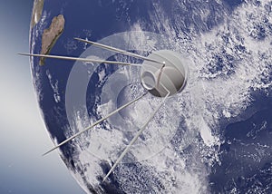 3D rendering of an old style satellite orbiting the earth. 3D illustration