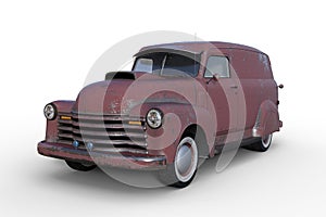 3D rendering of an old vintage American panel van with faded and peeling red paintwork isolated on white background