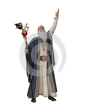 3D rendering of an old wizard in long robes and hooded cloak isolated on white