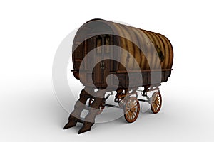 3D rendering of an old worn brown Romany gypsy caravan isolated on white