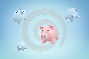 3d rendering of one pink piggy bank floating in air and three light blue piggy banks floating behind on light blue