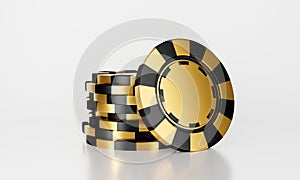 3D rendering of online casino chips stack isolated on white background abstract. Gamble concept.  Black and golden casino game