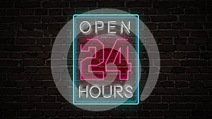 3D Rendering Open 24 Hours Neon Sign with a Brick Wall Background
